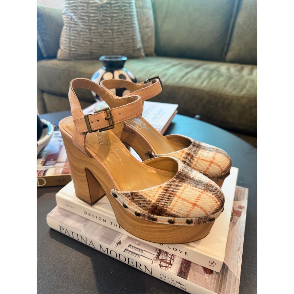 Jessica Simpson Plaid Platform Clogs Wood Block Heel Tan Brown Studded 5.5M 36